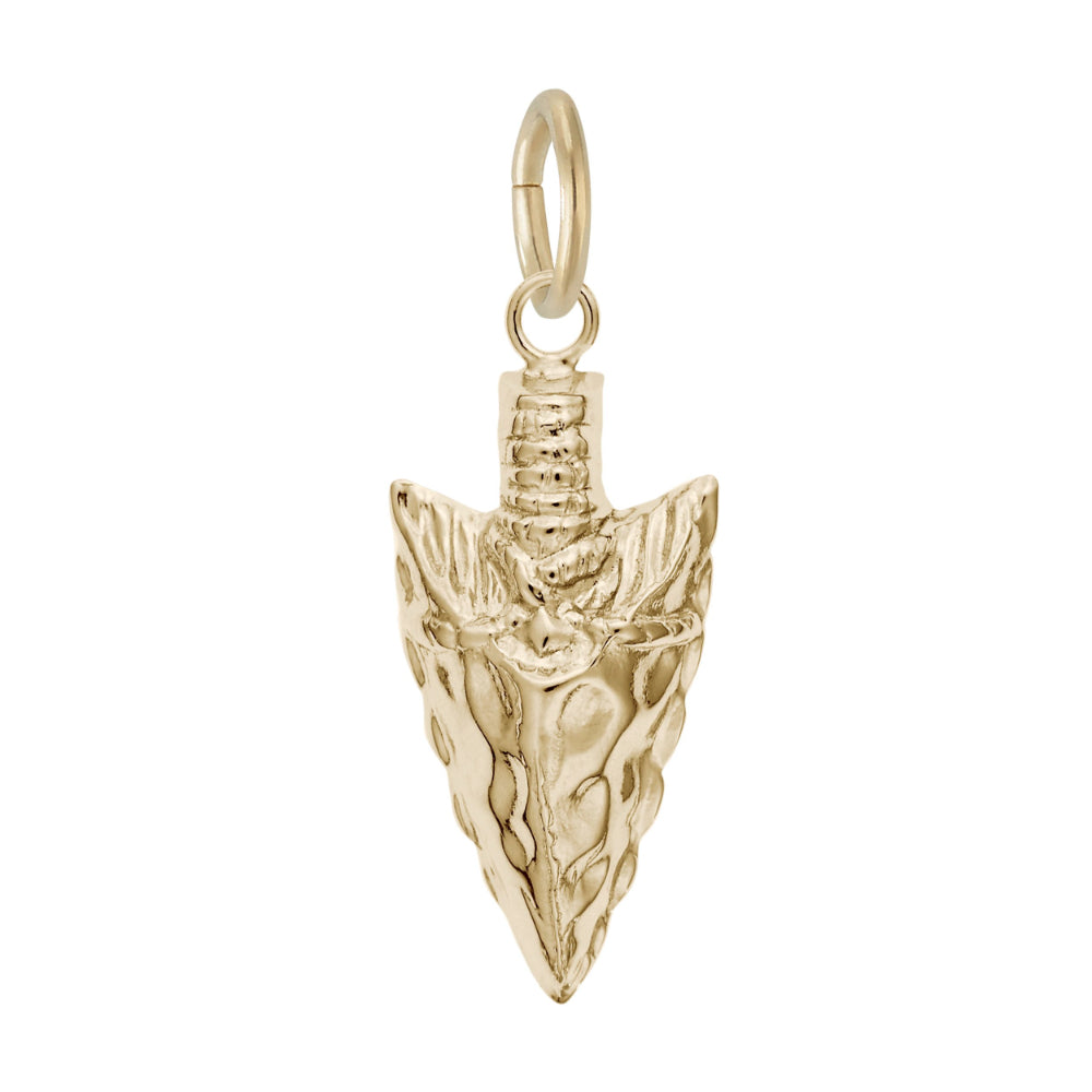 A gold arrowhead charm with a textured, hammered finish, shown on a plain white background.