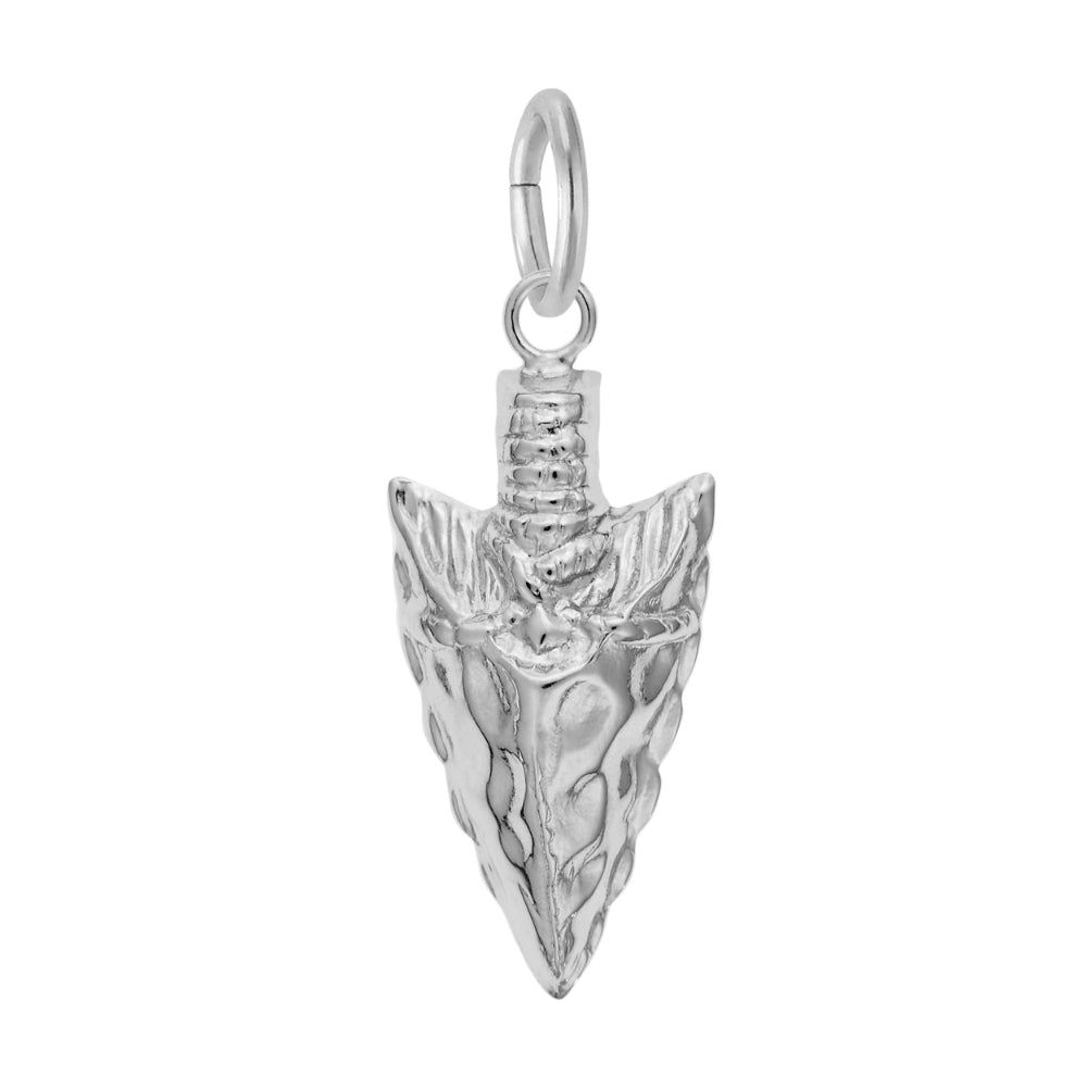 A silver arrowhead charm with a textured, hammered finish, shown on a plain white background.
