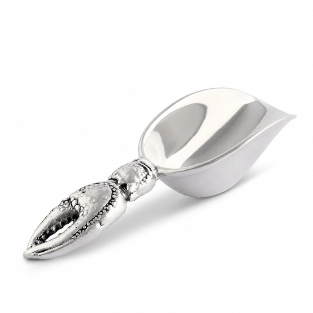 A polished silver lobster claw scoop with a highly reflective, leaf-shaped bowl, shown on a clean white background.