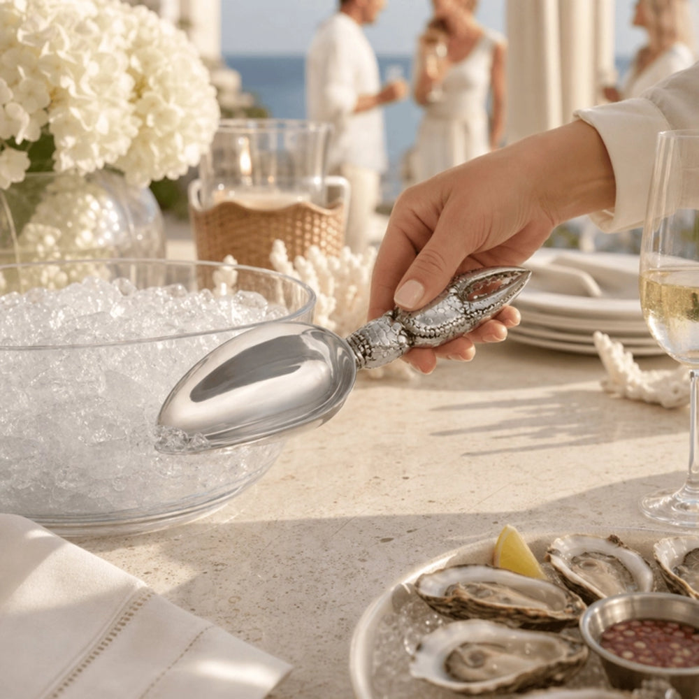 A person's hand holds a polished silver lobster claw scoop resting in a clear glass bowl filled with ice, set on an outdoor dining table with oysters, a wine glass, and blurred guests in the background.