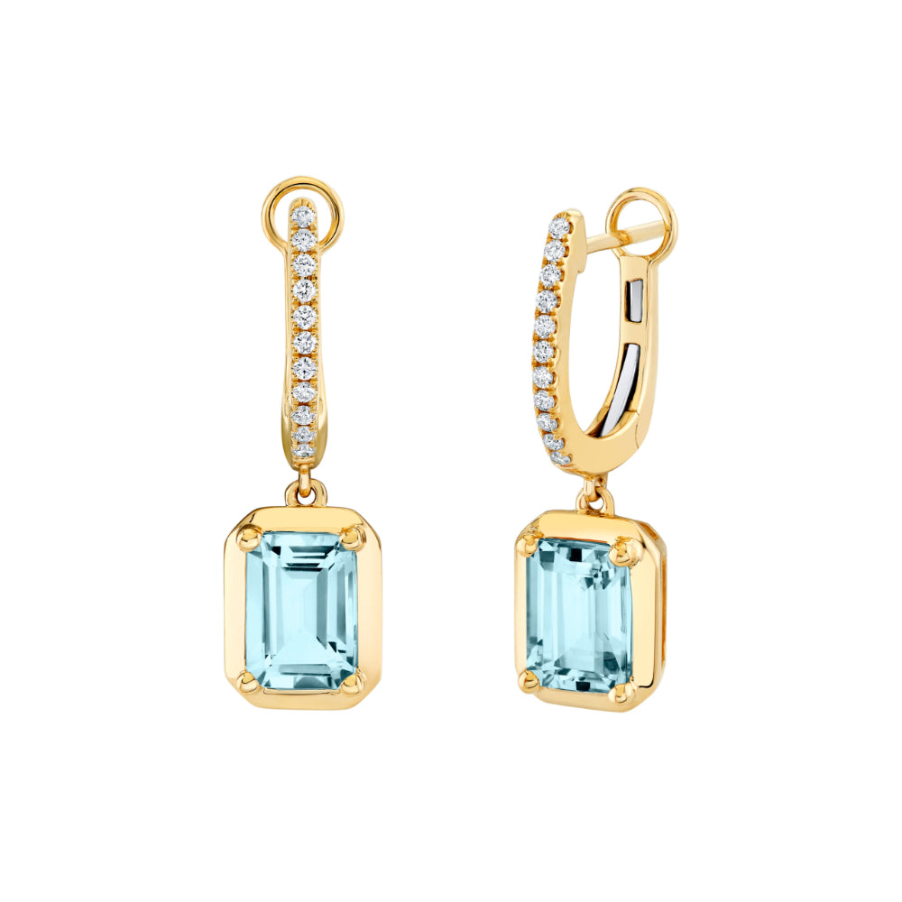 Gold earrings with blue gemstones on a white background