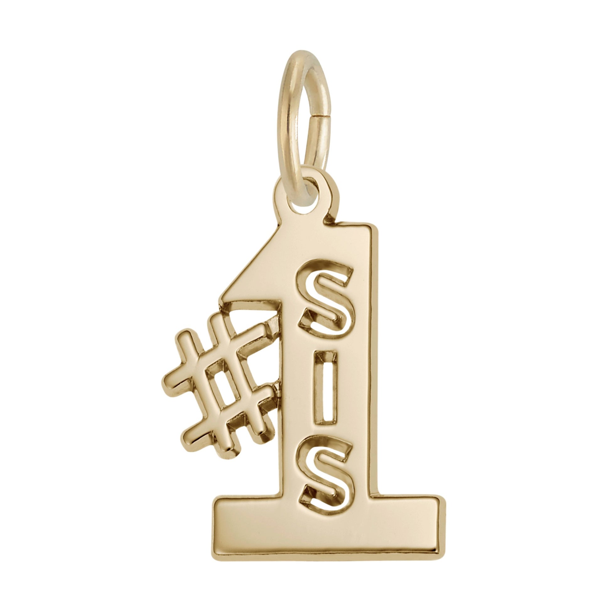 Gold #1 charm with 'SIS' on a white background