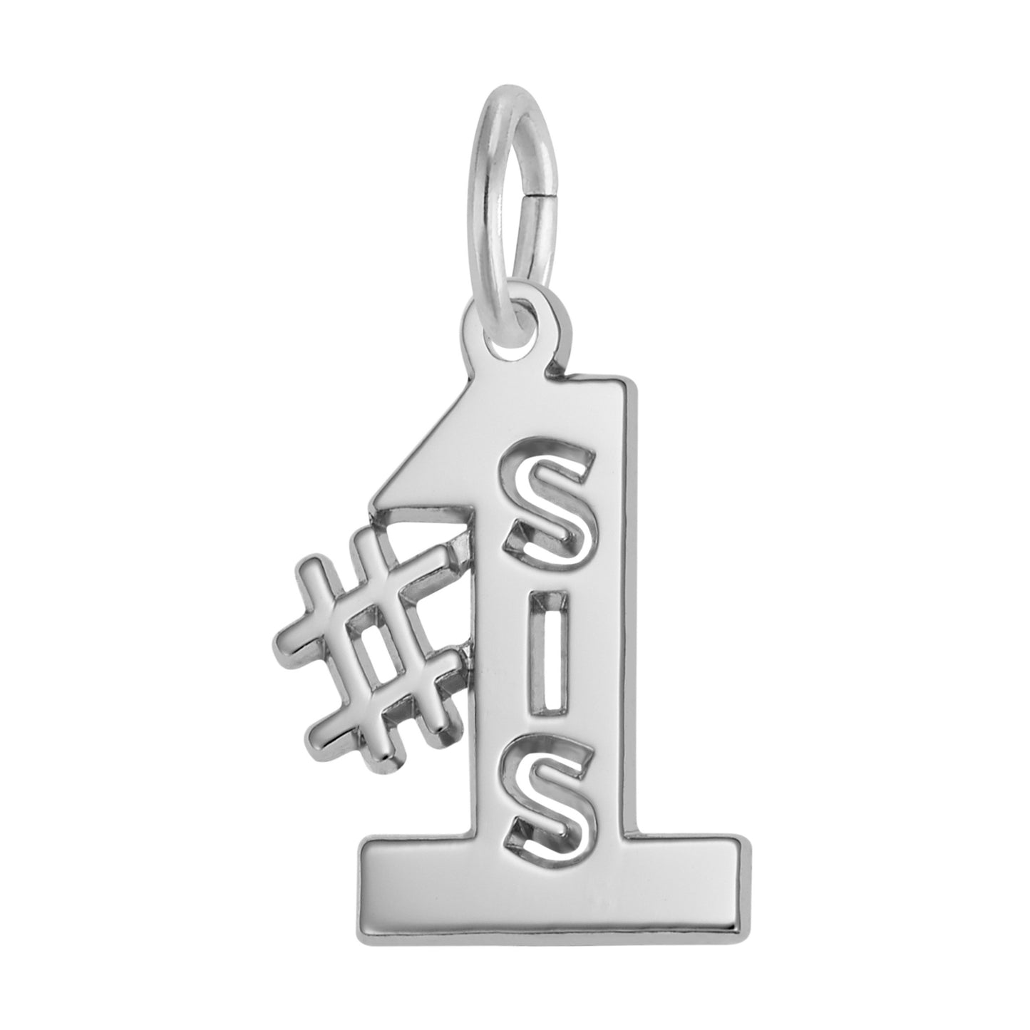 Silver #1 charm with 'SIS' on a white background