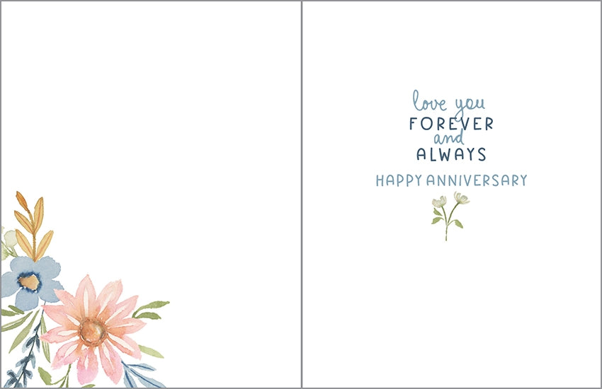 Greeting card with floral design and anniversary message on a white background