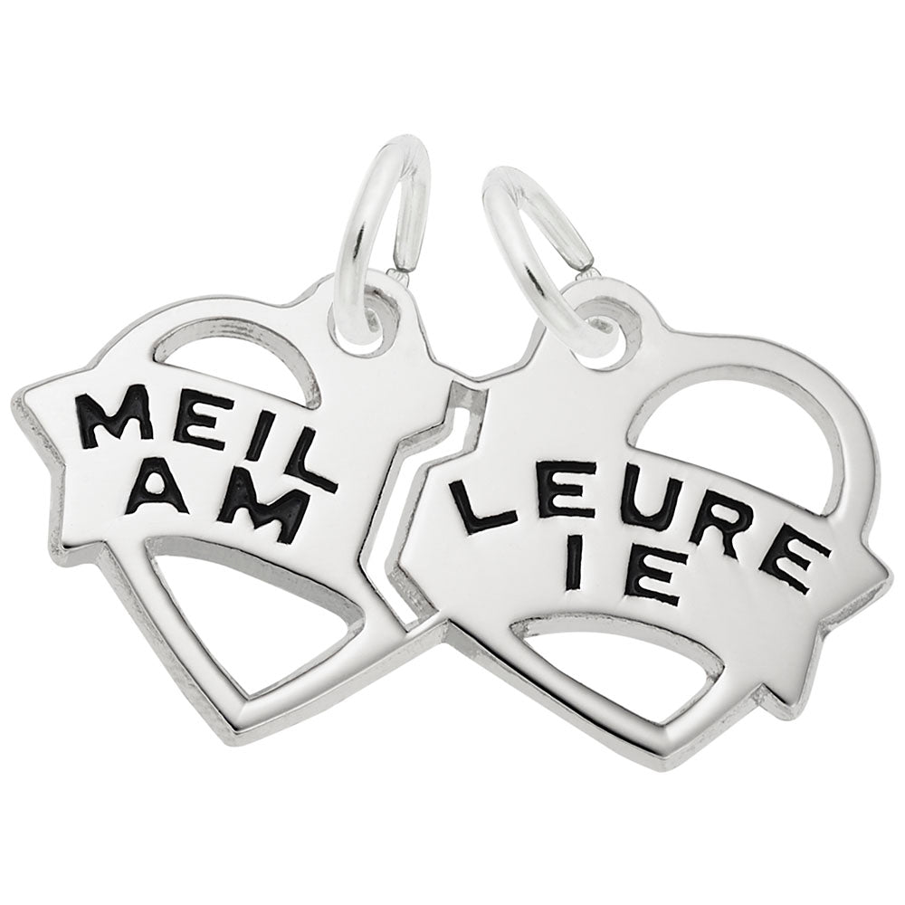 Two silver breakapart heart-shaped charms with black "Meilleure Amie" text on a white background