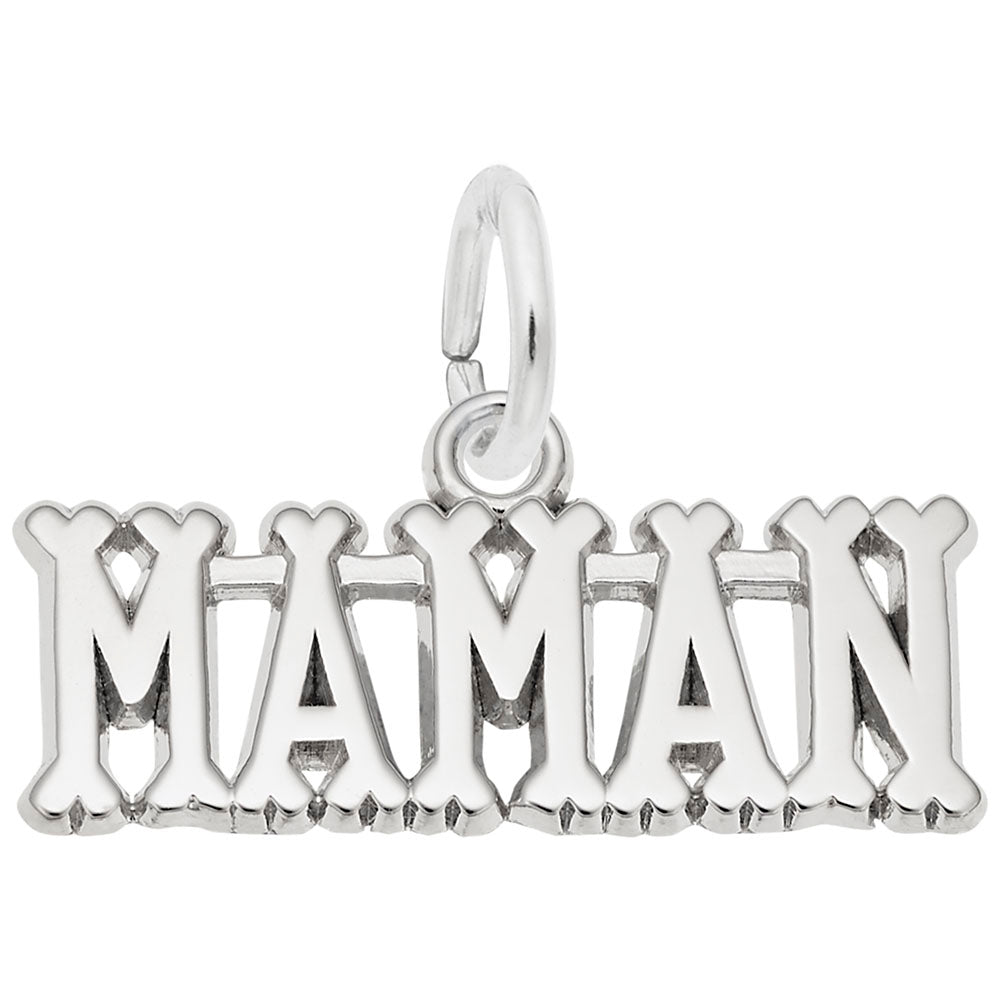 Silver 'MAMAN' charm on a white background