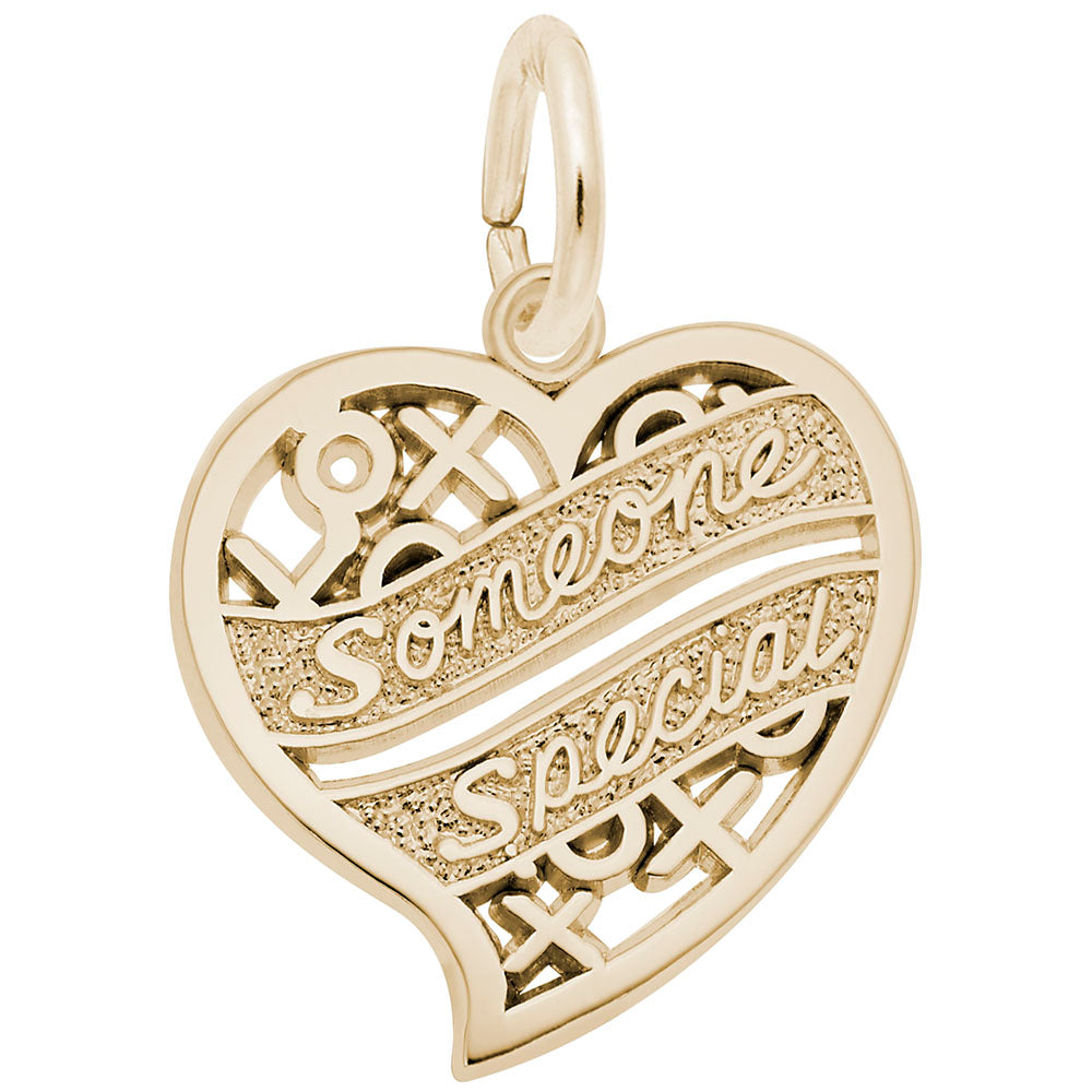 Gold heart shaped charm with 'someone specifical' engraving on a white background