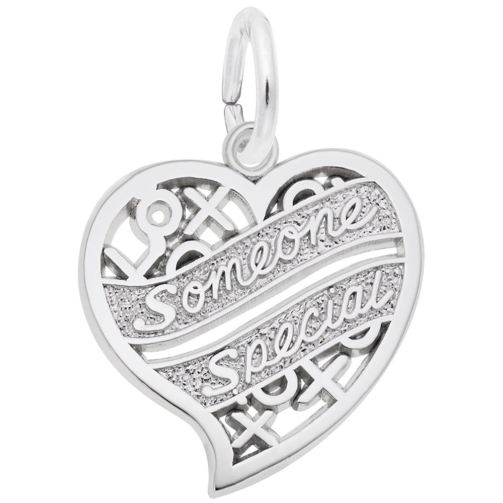 Silver heart shaped charm with 'someone specifical' engraving on a white background