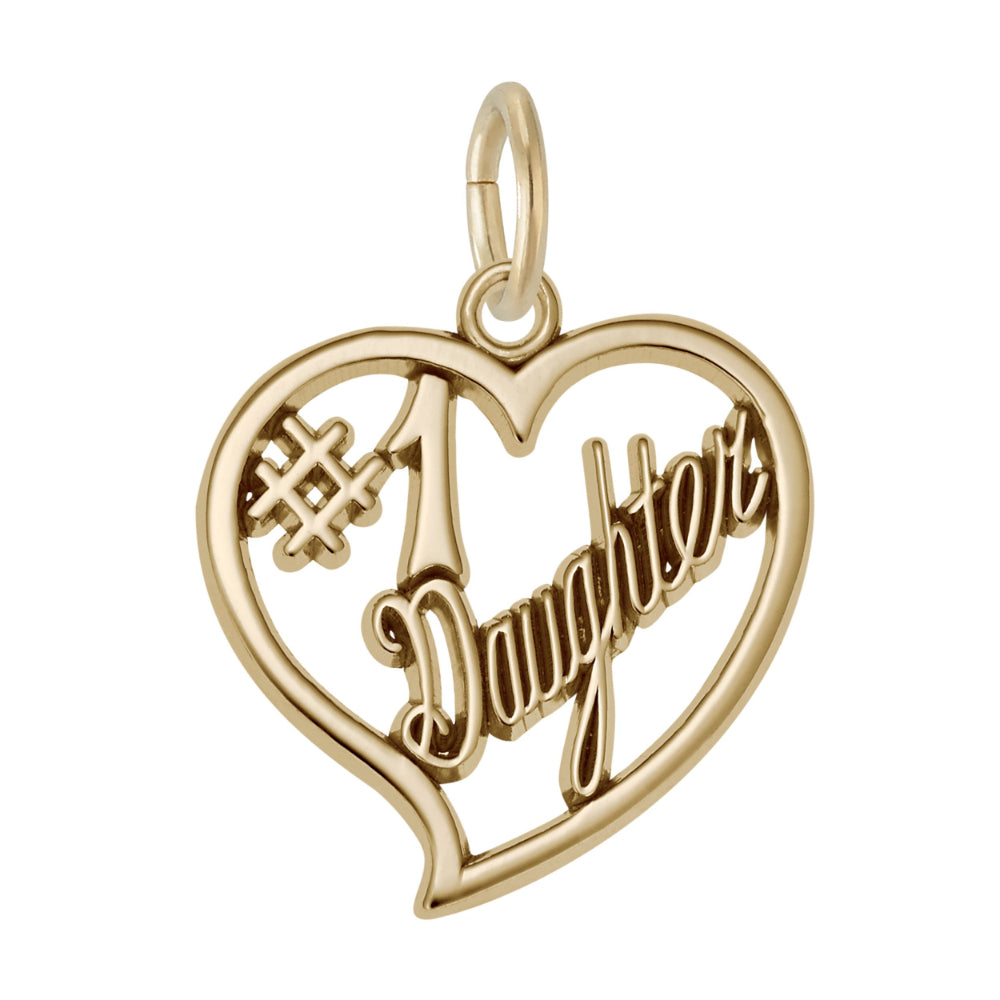 Gold heart-shaped charm with '#1 Daughter' text on a white background