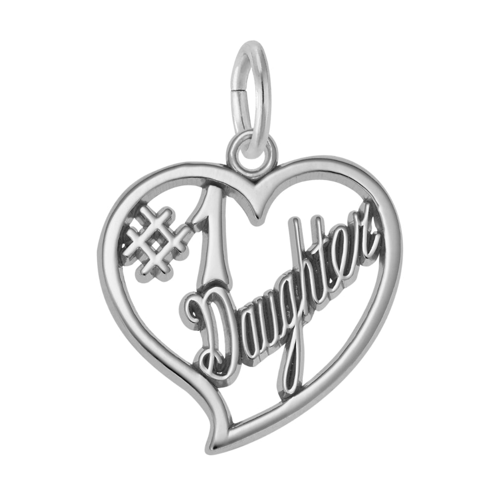 Silver charm with 'Daughter' and '#1' inside a heart shape on a white background