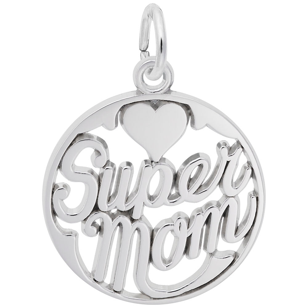 Silver 'Super Mom' charm with a heart on a white background