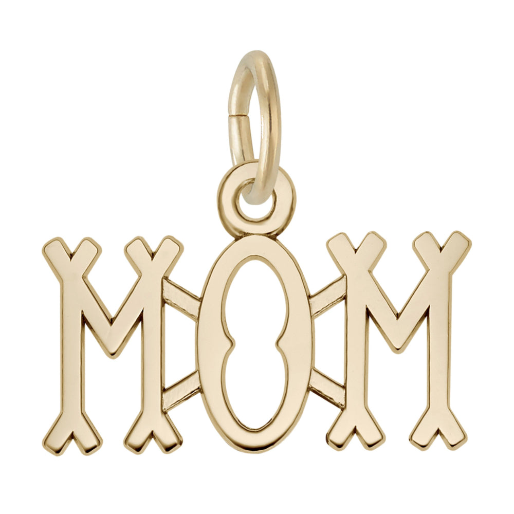 Gold 'MOM' charm on a white background