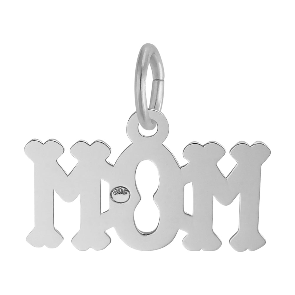 Back of Silver 'MOM' charm on a white background