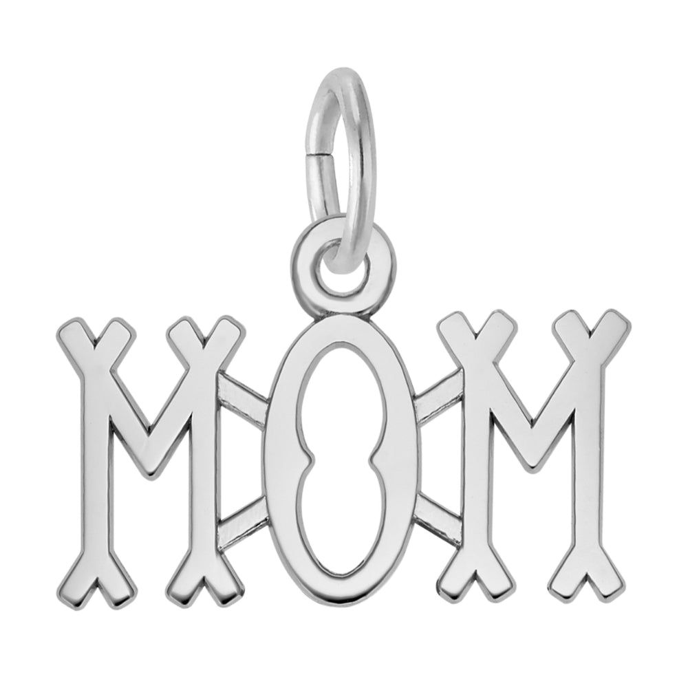 Silver 'Mom' charm on a white background