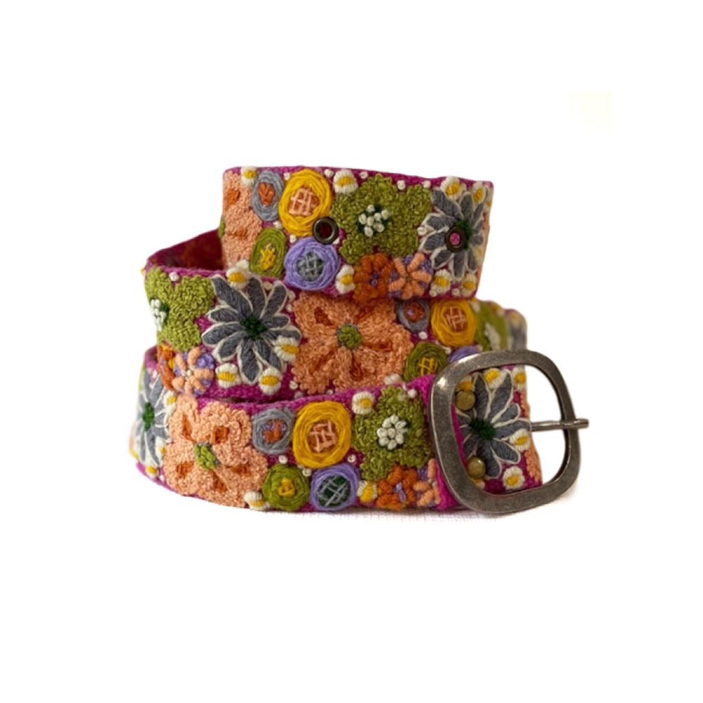A colorful embroidered wool belt with a metal buckle, featuring a floral pattern.