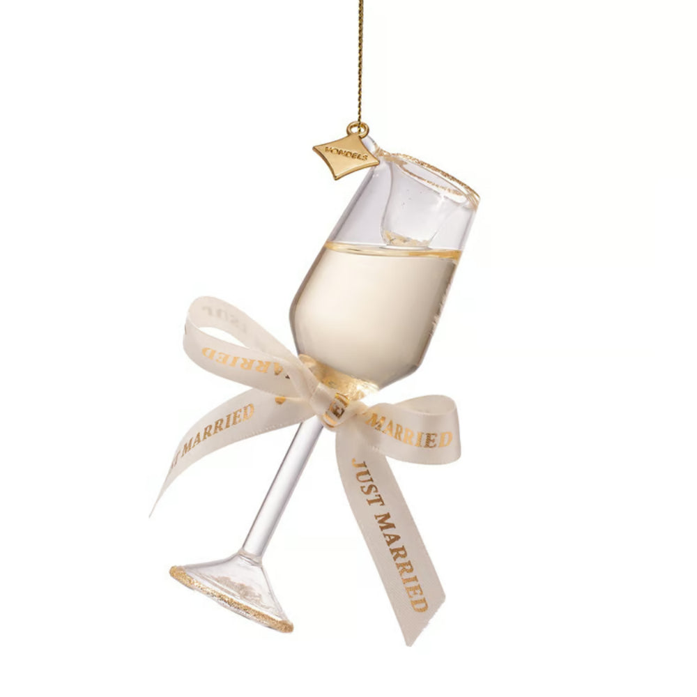 Decorative ornament shaped like a wine glass with 'Just Married' ribbon on a white background
