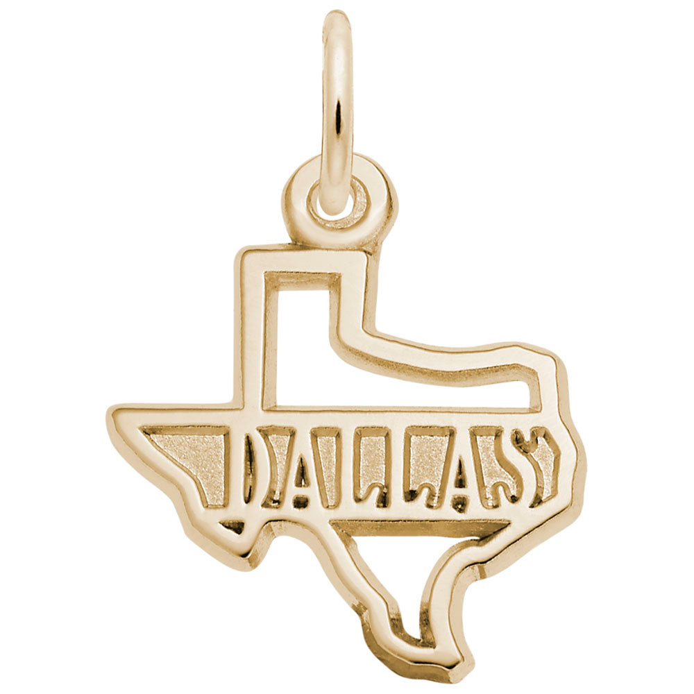 Gold Texas shaped charm with "DALLAS" text, shown on a white background