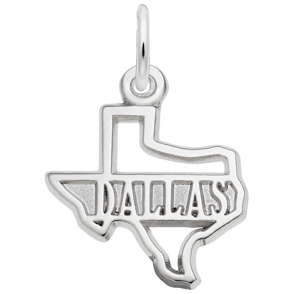 Silver Texas shaped charm with "DALLAS" text, shown on a white background