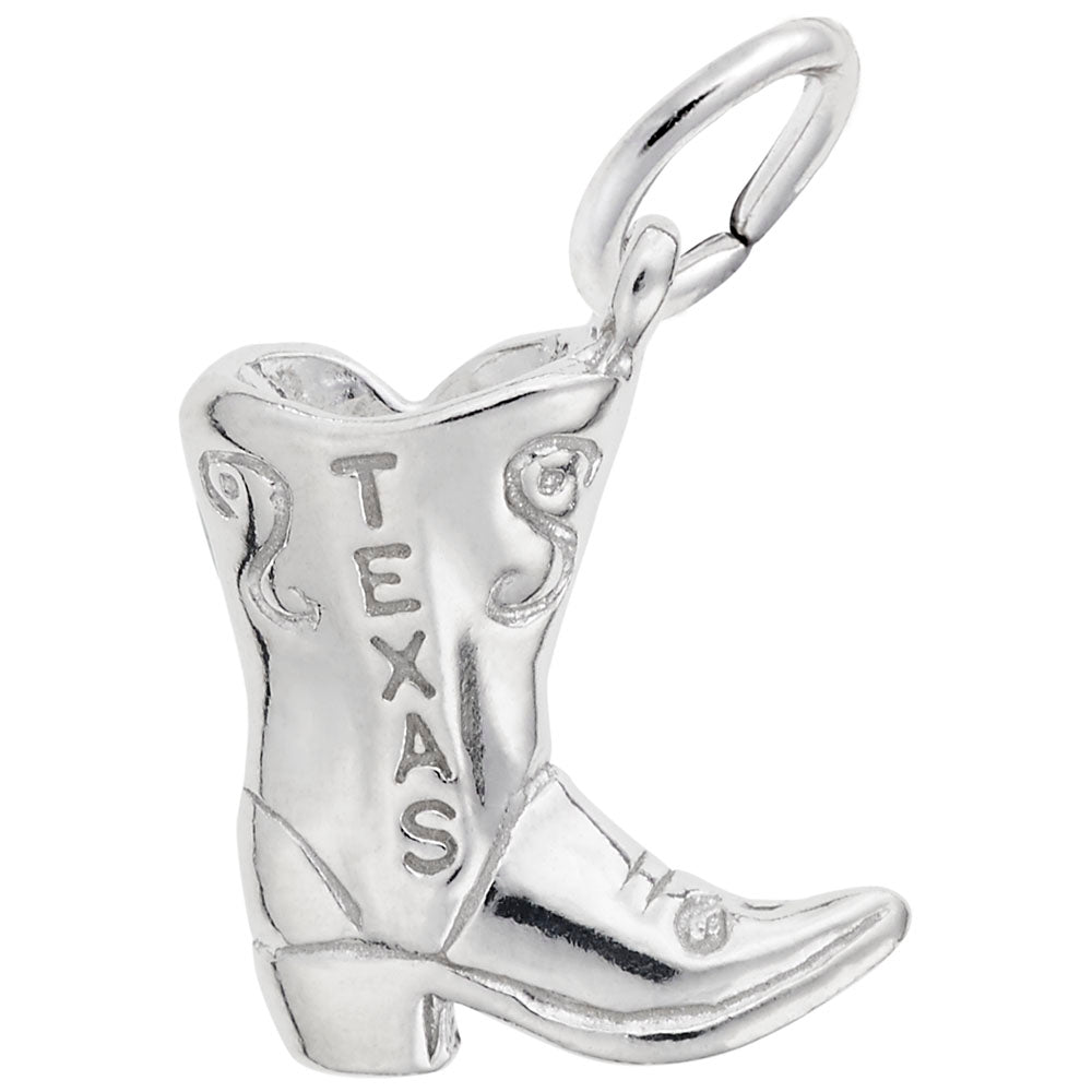 Silver cowboy boot charm with 'Texas' on a white background