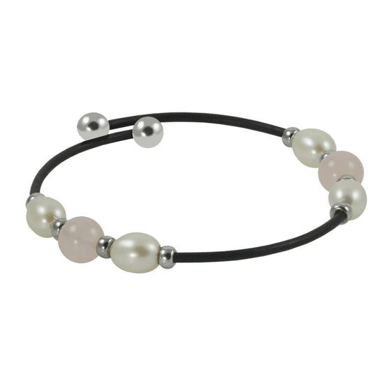 Sterling Silver Pearl and Rose Quartz Black Rubber Bracelet, 7.5"