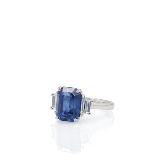 Platinum 7.96ct Emerald Cut Sapphire and Diamond Engagement Ring