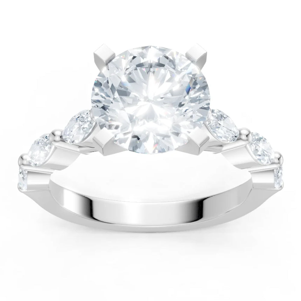A radiant diamond solitaire engagement ring with a round brilliant-cut center stone and smaller marquise and round side stones on a polished white gold or platinum band, shown on a clean white background.