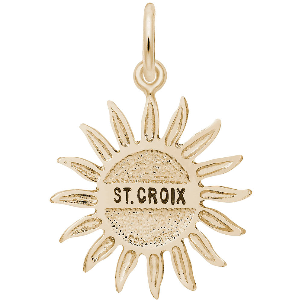 Gold sun charm with 'ST. CROIX' text, shown on a white background