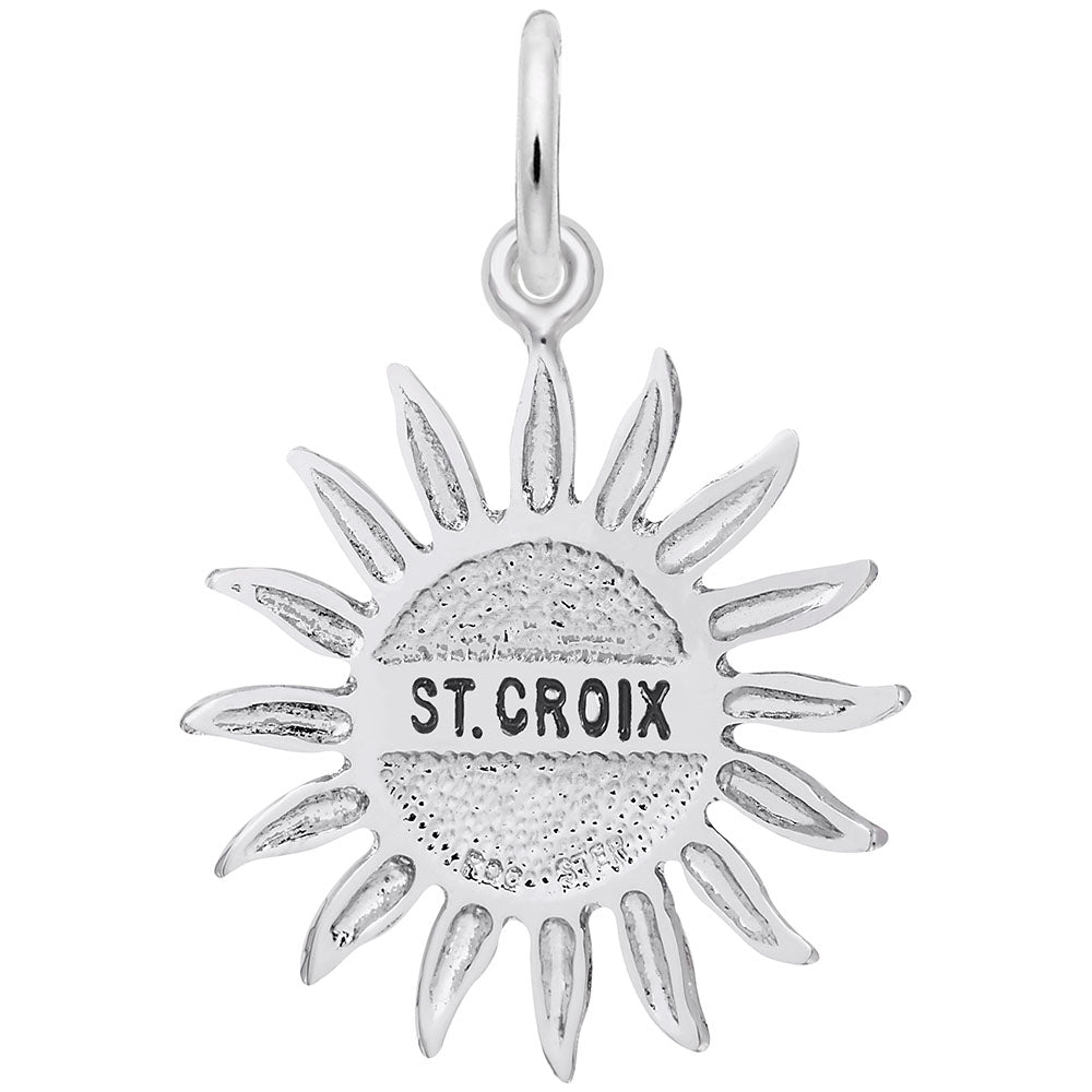 Silver sun charm with 'ST. CROIX' text, shown on a white background