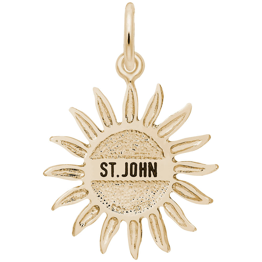 Gold sun charm with 'ST. JOHN' text, shown on a white background