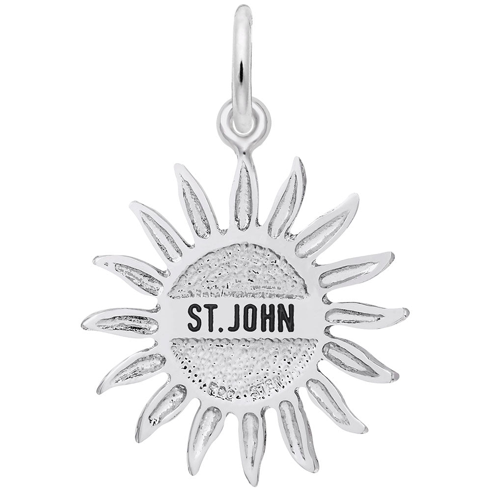 Silver sun charm with 'ST. JOHN' text, shown on a white background