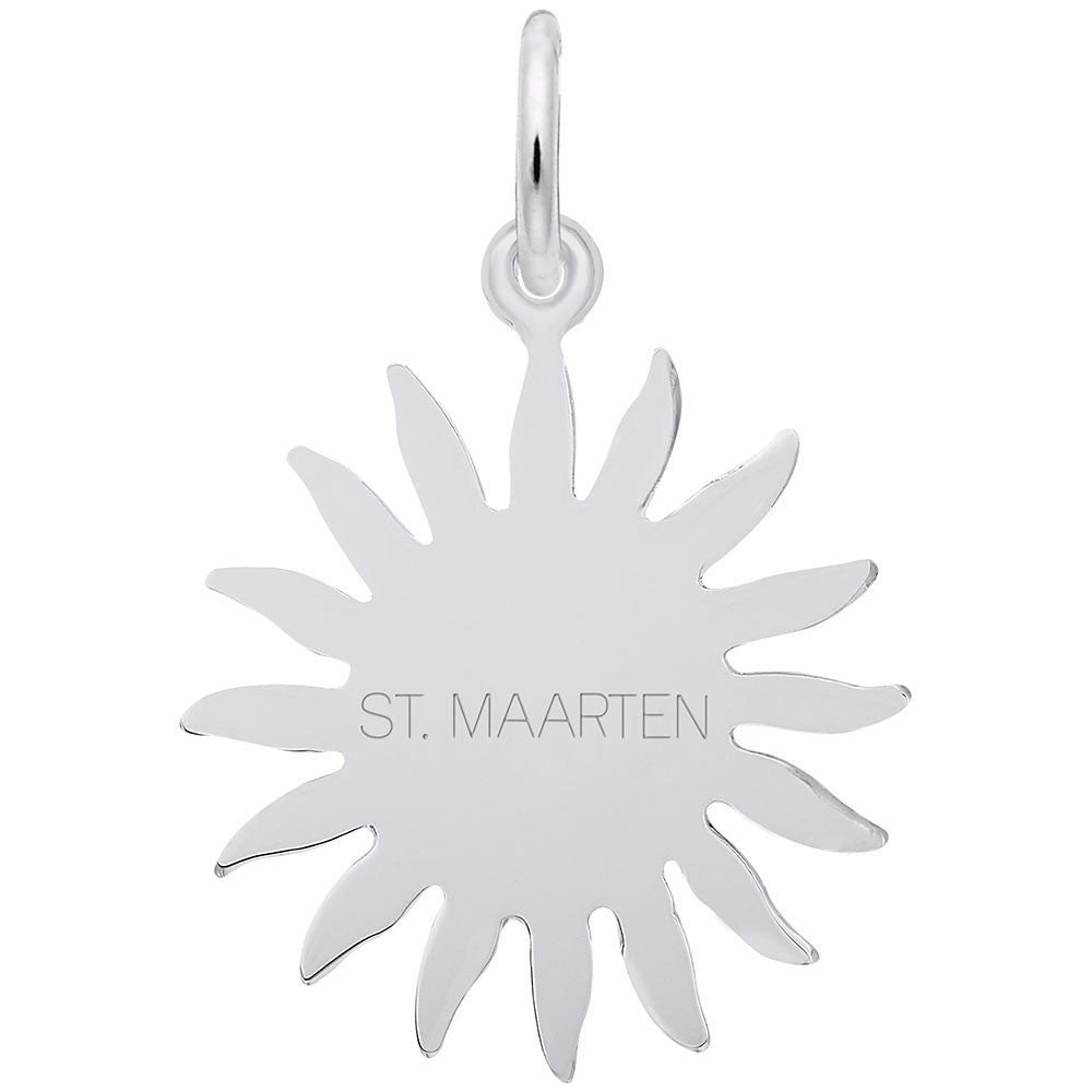 Silver charm shaped like a sun with 'ST. MAARTEN' text, shown on a white background