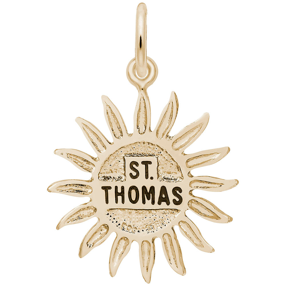 Gold sun charm with 'ST. THOMAS' text, shown on a white background