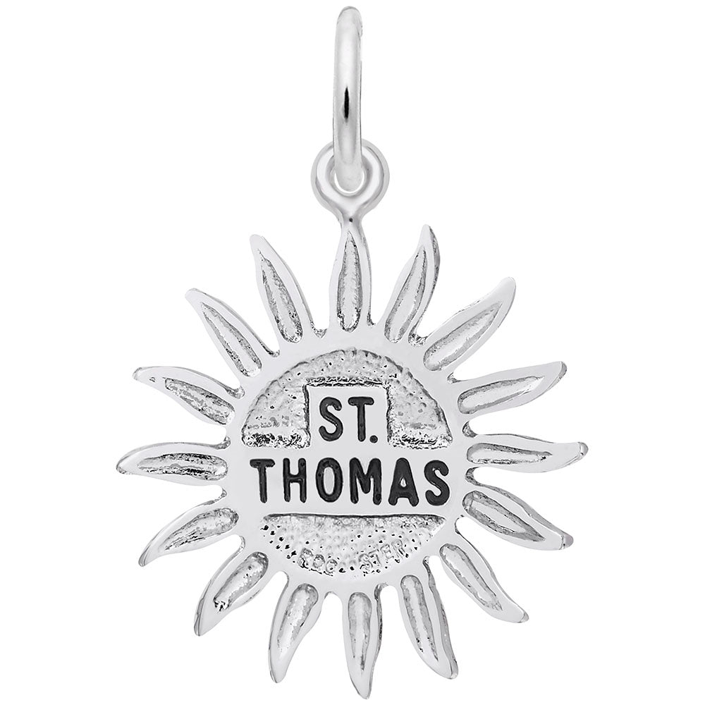 Silver sun charm with 'ST. THOMAS' text, shown on a white background