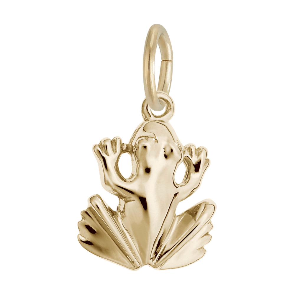 Gold frog charm with a polished finish, shown on a white background