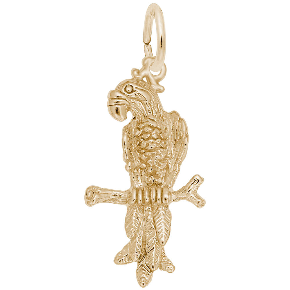 Gold Macaw Parrot charm with feather detailing, shown on a white background