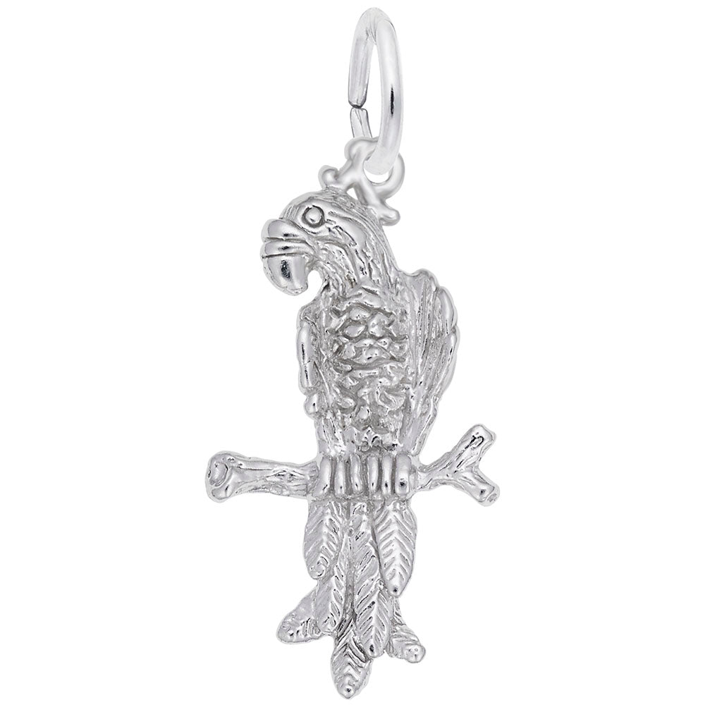 Silver Macaw Parrot charm with feather detailing, shown on a white background