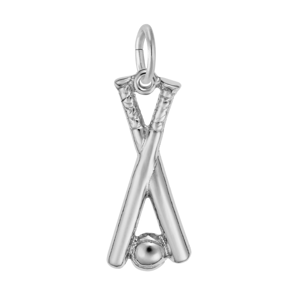 Silver crossed baseball bats and baseball charm shown on a white background