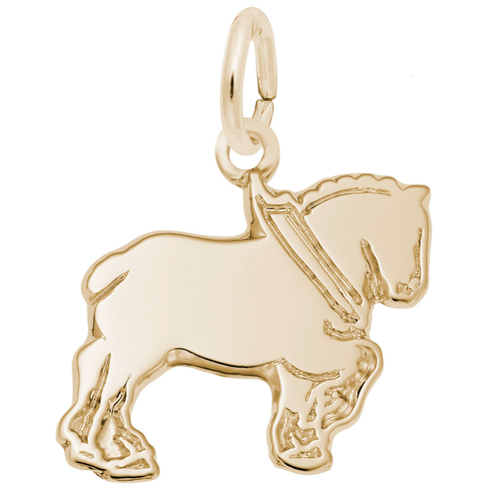 Gold Clydesdale charm with engraved harness and muscle details, shown on a white background