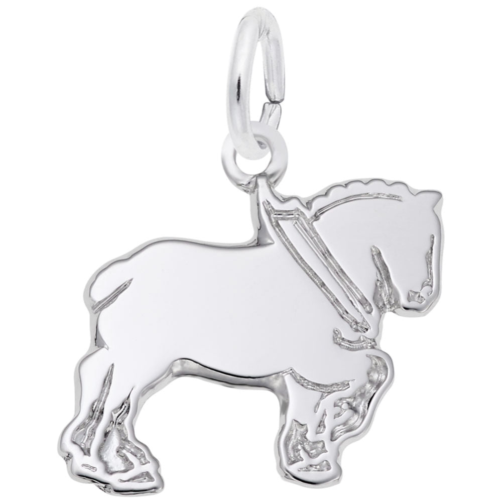 Silver Clydesdale charm with engraved harness and muscle details, shown on a white background
