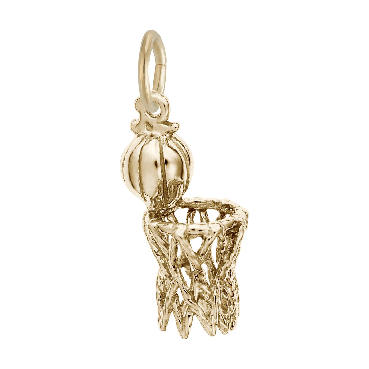 Gold basketball hoop and ball charm on a white background