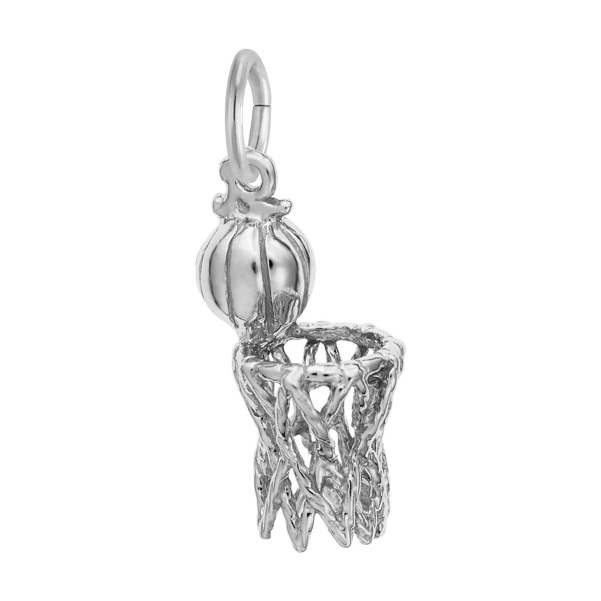 Silver basketball hoop and ball charm on a white background