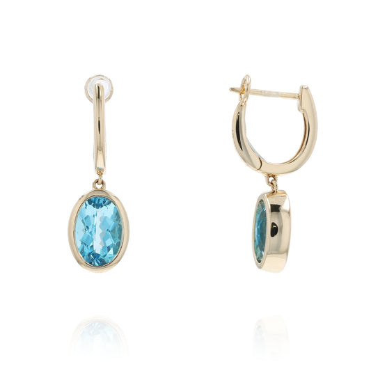 14k Gold Faceted Oval Blue Topaz Drop Earrings