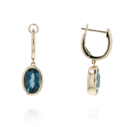 14k Gold Faceted Oval London Blue Topaz Drop Earrings