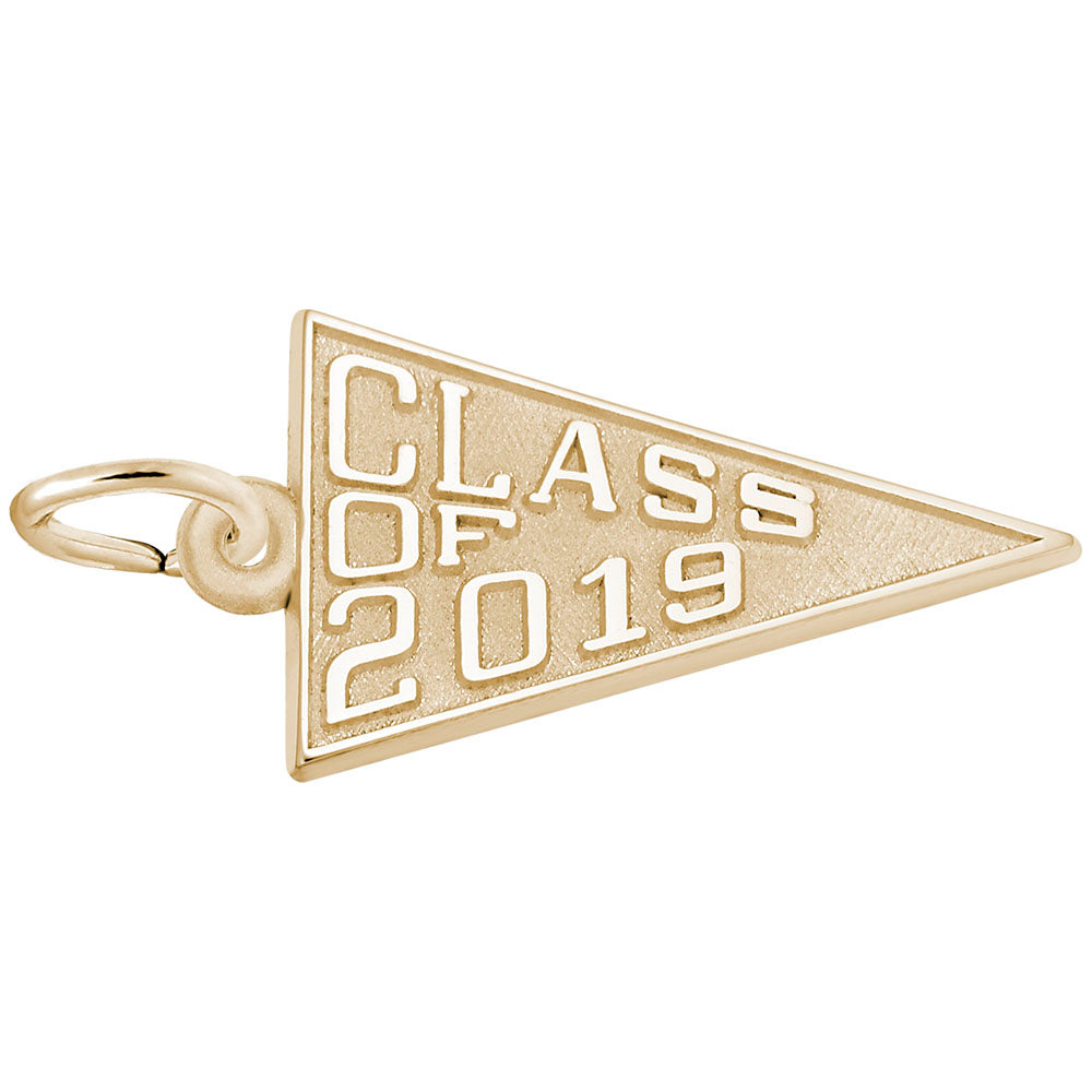 Gold 'Class of 2019' pennant charm on a white background