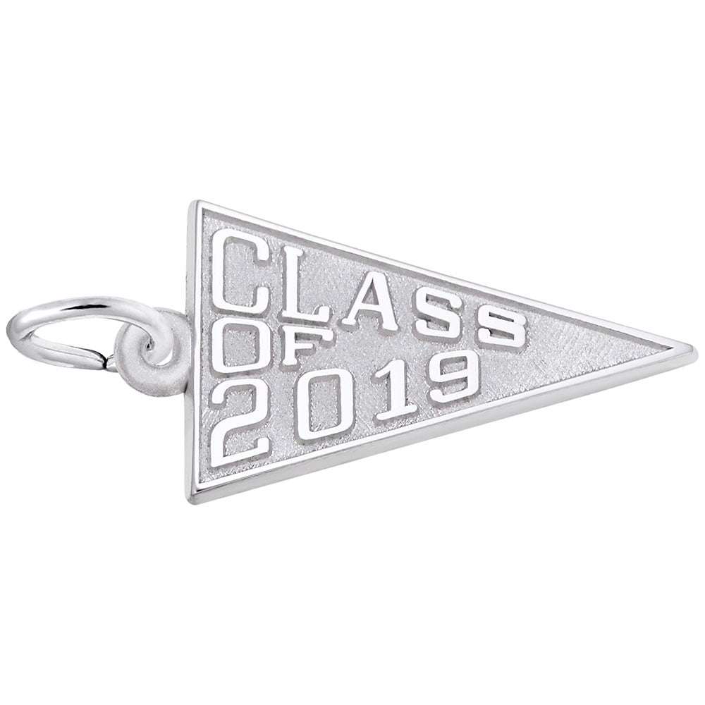 Silver 'Class of 2019' pennant charm on a white background