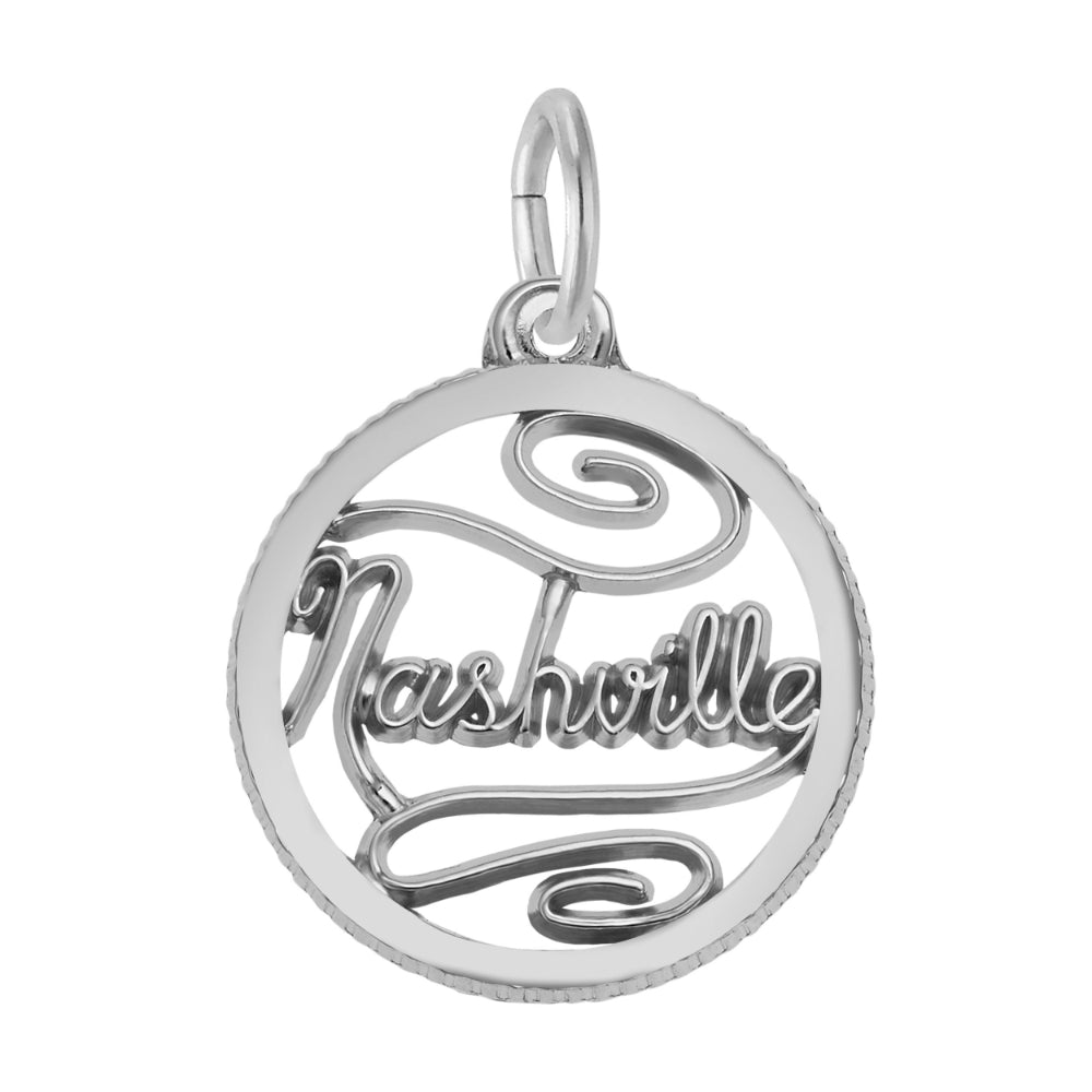 A silver circular charm featuring the word 'Nashville' in cursive script, shown on a plain white background.