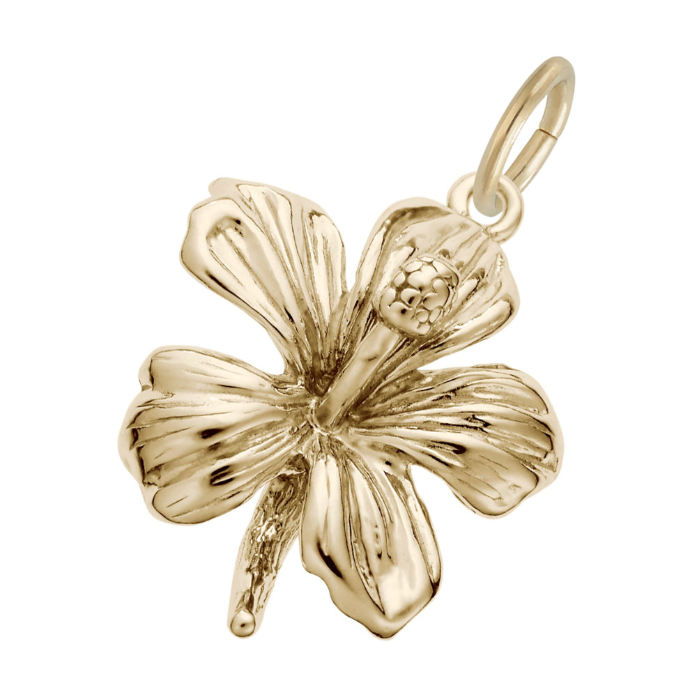 A polished gold flower charm pendant with a textured petal design, shown on a plain white background.