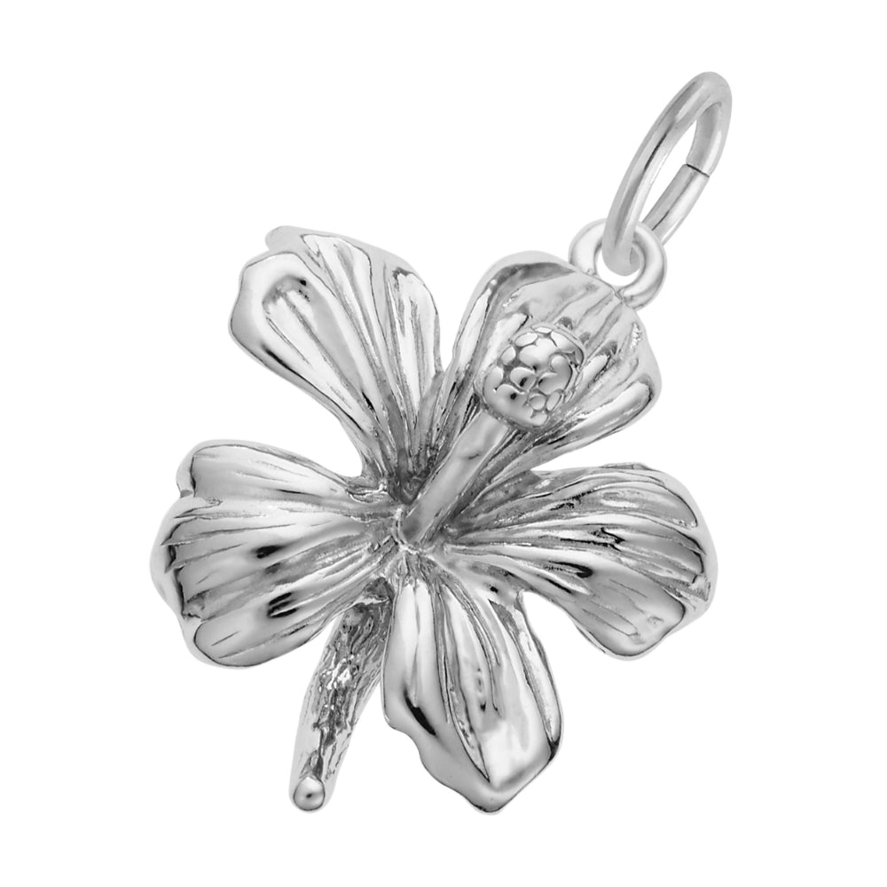 A silver flower charm with a highly polished finish, featuring five textured petals, shown on a white background