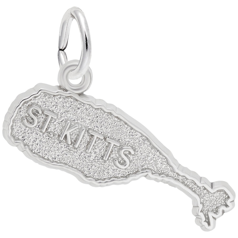 Silver charm shaped like a map of St. Kitts on a white background