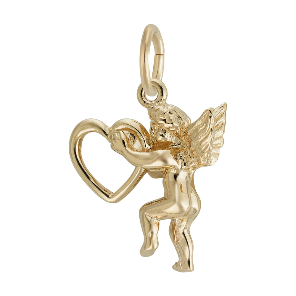 Reverse side of gold angel charm with heart on a white background